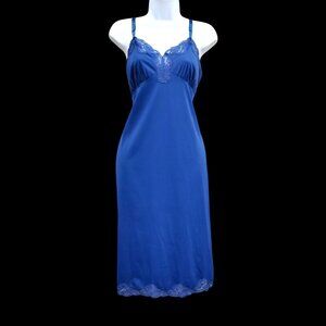 Vintage Lingerie XL Blue Nylon Lace Shadowline Full Slip Nightie Gown Dress Lace